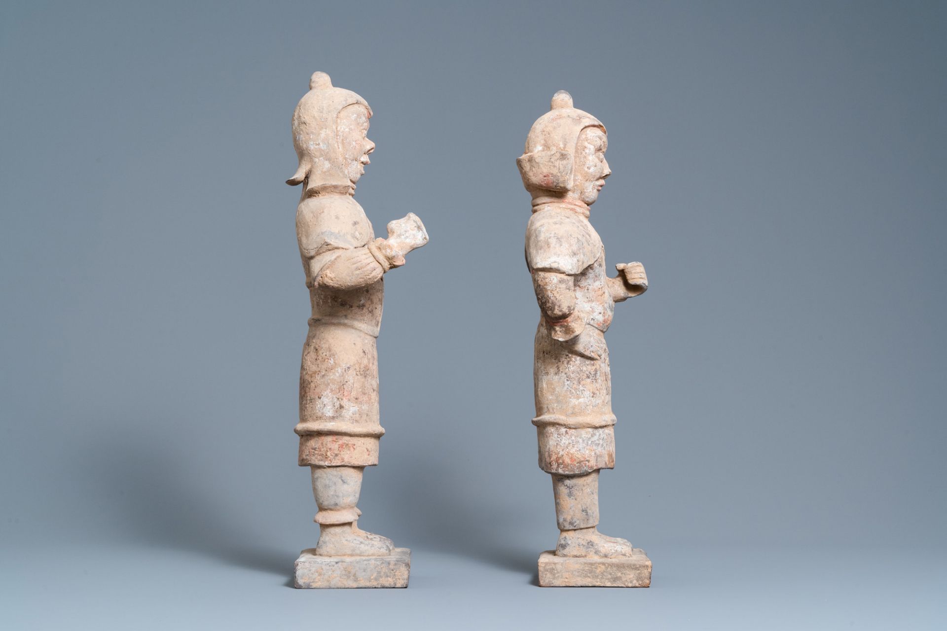 A pair of Chinese painted pottery 'Lokapala' guardian figures, Tang - Image 3 of 7