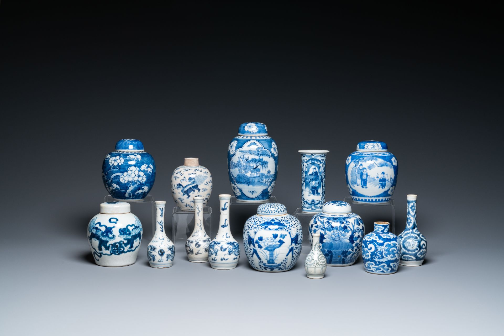 Fourteen Chinese blue and white vases, 18/20th C.