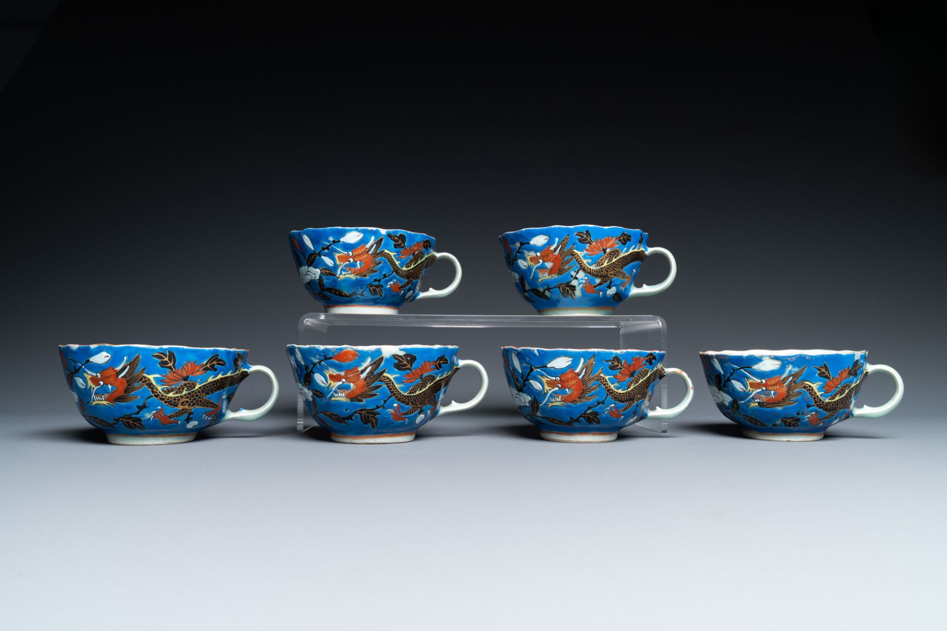 Six Chinese blue-ground cups and saucers with dragons, 19th C. - Image 4 of 9