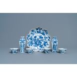 A pair of Chinese blue and white vases, a 'lotus' dish and four cups, Kangxi