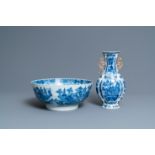 A Chinese blue and white 'landscape' vase and a large bowl, Qianlong