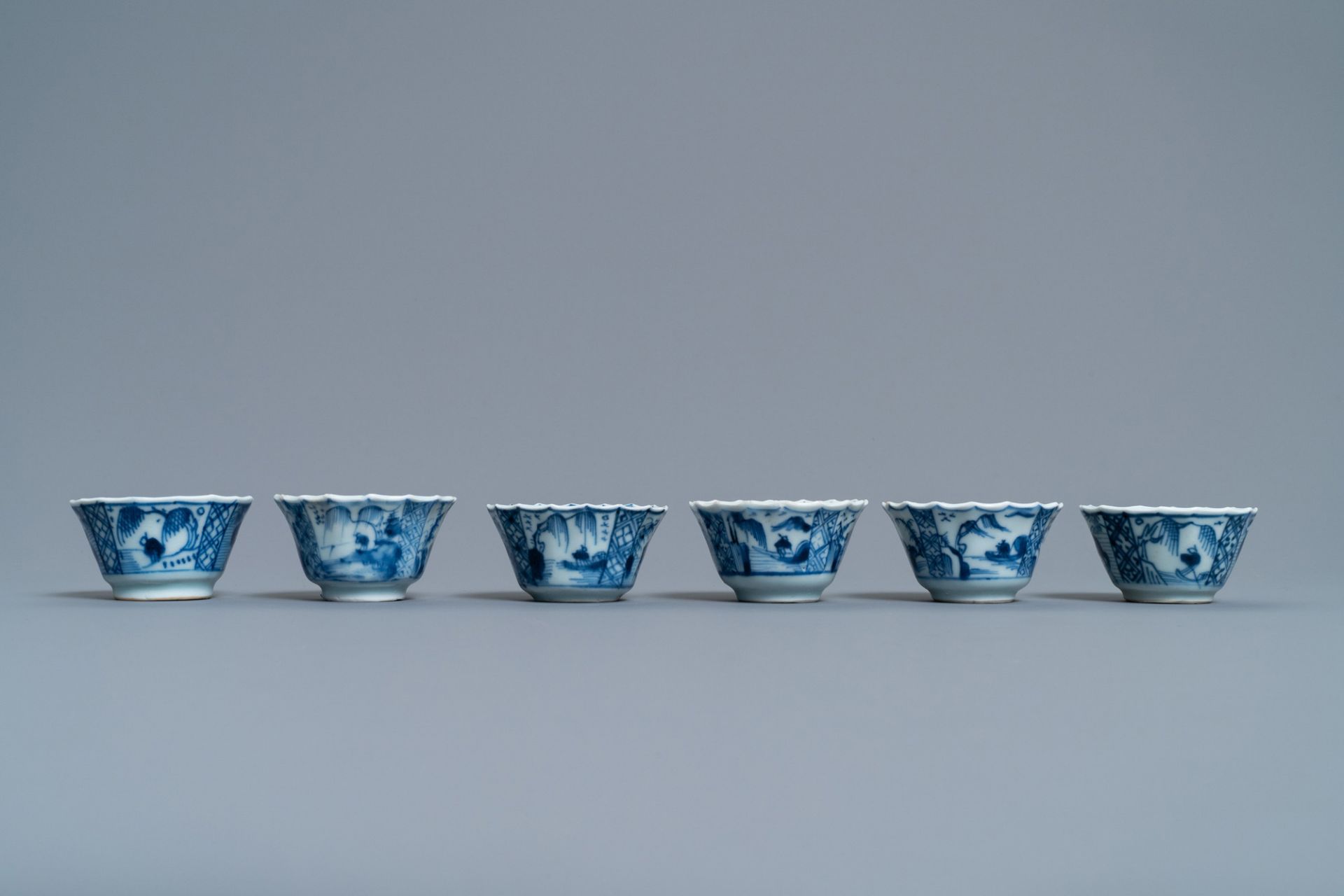 Six Chinese blue and white cups, six saucers and a bowl, Ming and Kangxi - Image 13 of 16