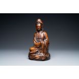 A Chinese silver-inlaid bronze figure of Guanyin, Shi Sou mark, 18/19th C.