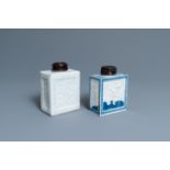 Two Chinese blanc de Chine and blue and white relief-moulded tea caddies, 19th C.