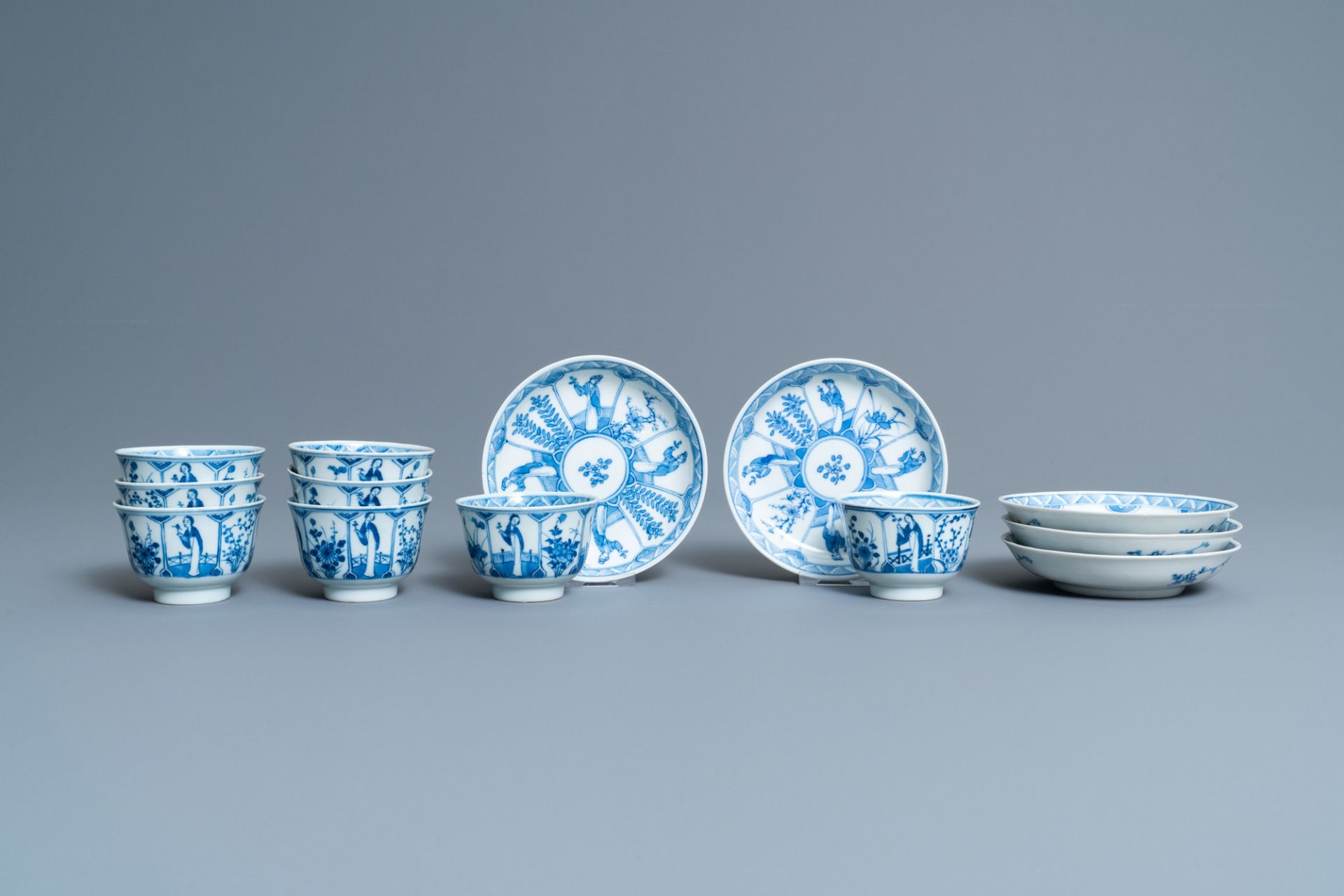 Forty-three Chinese blue and white cups and twenty-five saucers with 'Long Eliza', various marks, 19 - Image 10 of 13