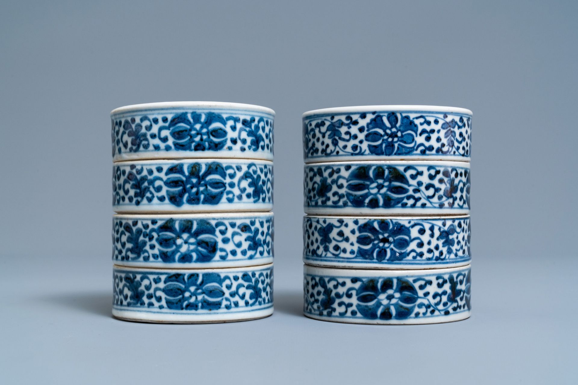 A pair of Chinese blue and white three-tier stacking boxes, a seal paste box and four saucers, 19th - Image 11 of 28