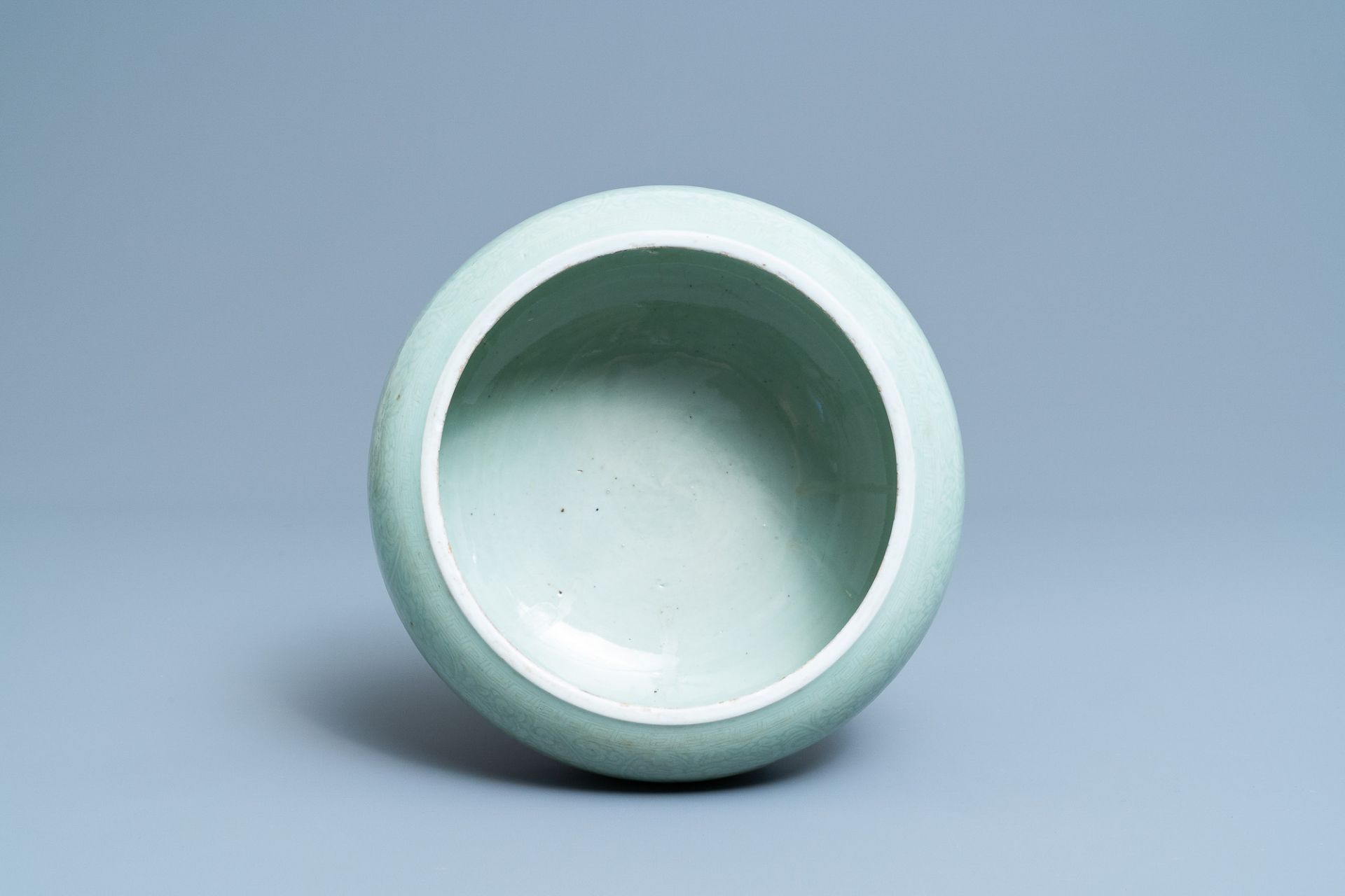 A Chinese celadon-glazed tripod censer with incised underglaze design, Kangxi - Image 6 of 26