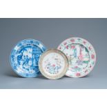 Three Chinese blue and white and famille rose dishes, Kangxi/Yongzheng