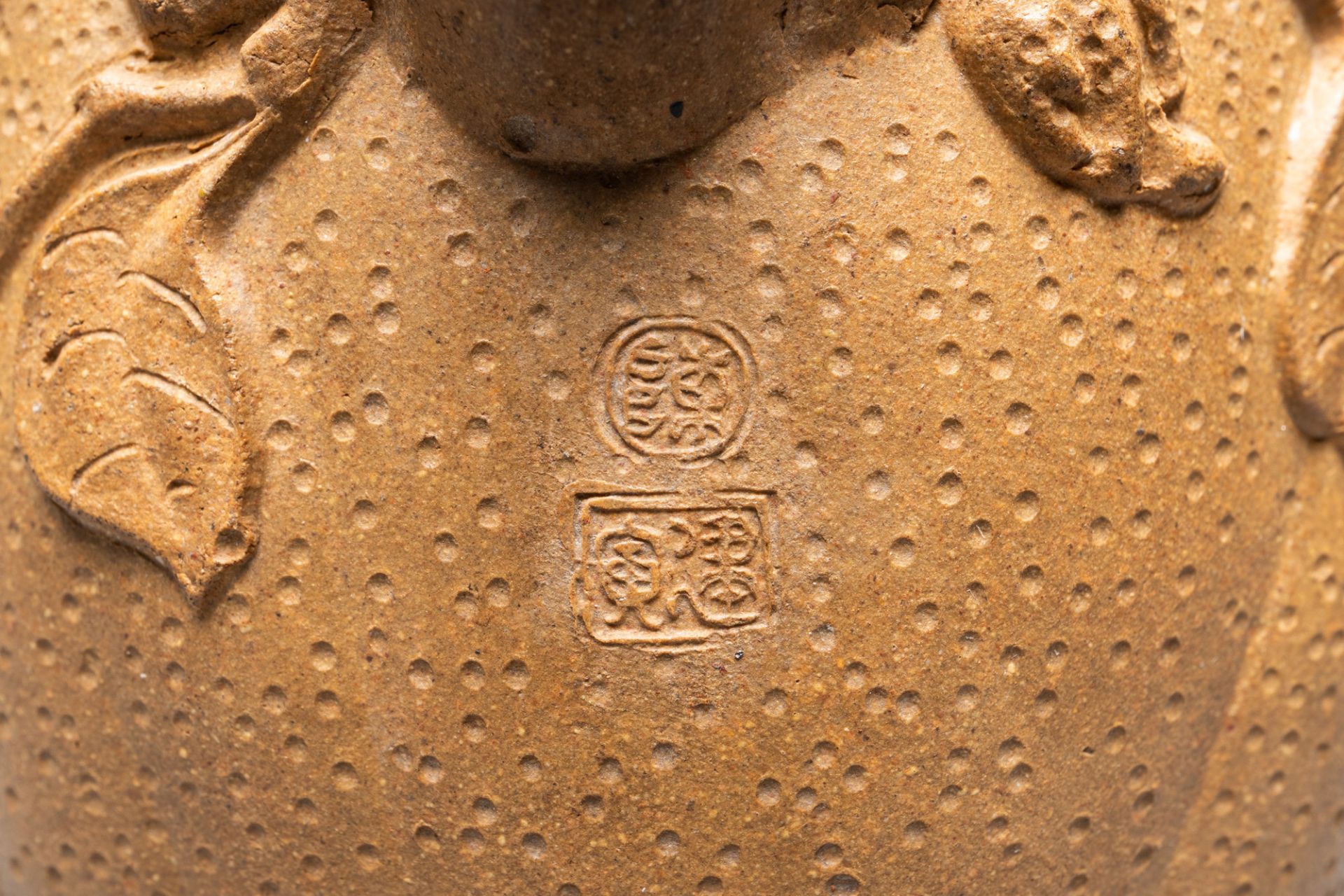 A Chinese Yixing stoneware teapot with squirrels and butterflies, seal mark, 18th C. - Image 2 of 8