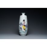 A Chinese famille rose vase with a lady on a rock, Jingdezhen zhi mark, 20th C.