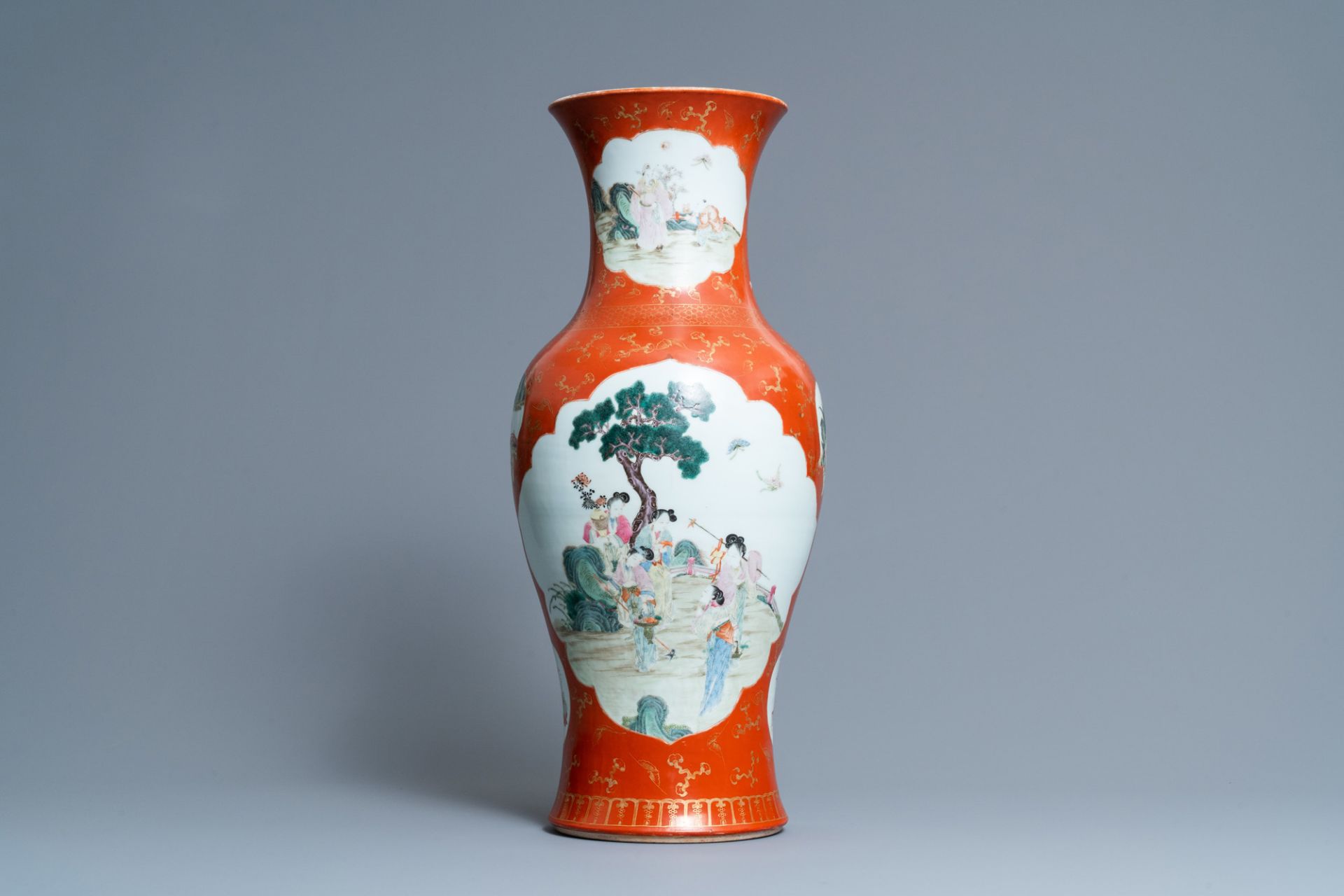 A Chinese famille rose coral red-ground vase, Qianlong mark, Republic - Image 3 of 6