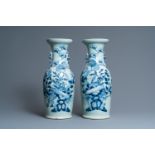 A pair of Chinese blue and white celadon 'pheasant' vases, 19th C.