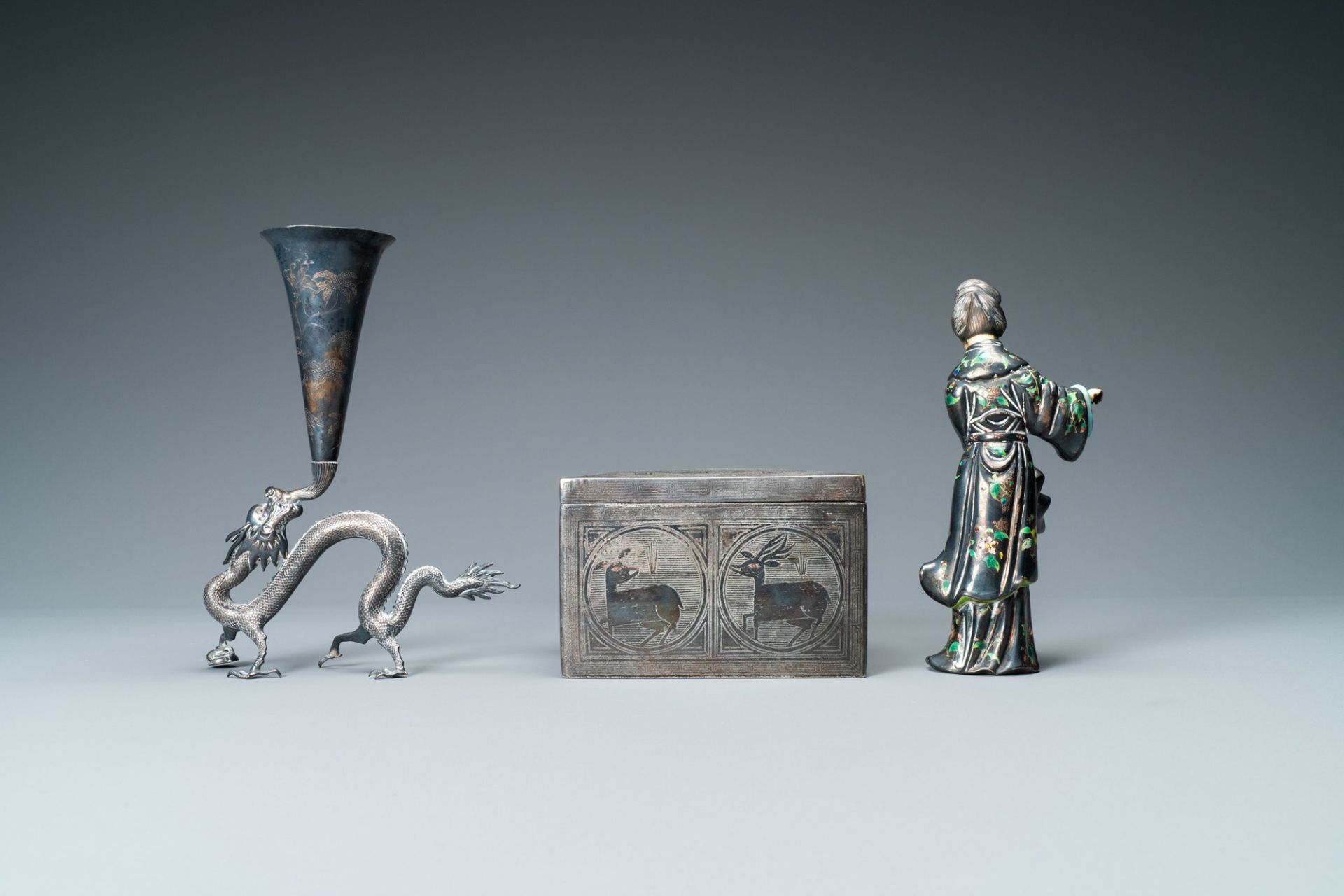 A Chinese enamelled silver figure, a silver vase, a silver-inlaid bronze censer and a silver-plated - Image 4 of 12