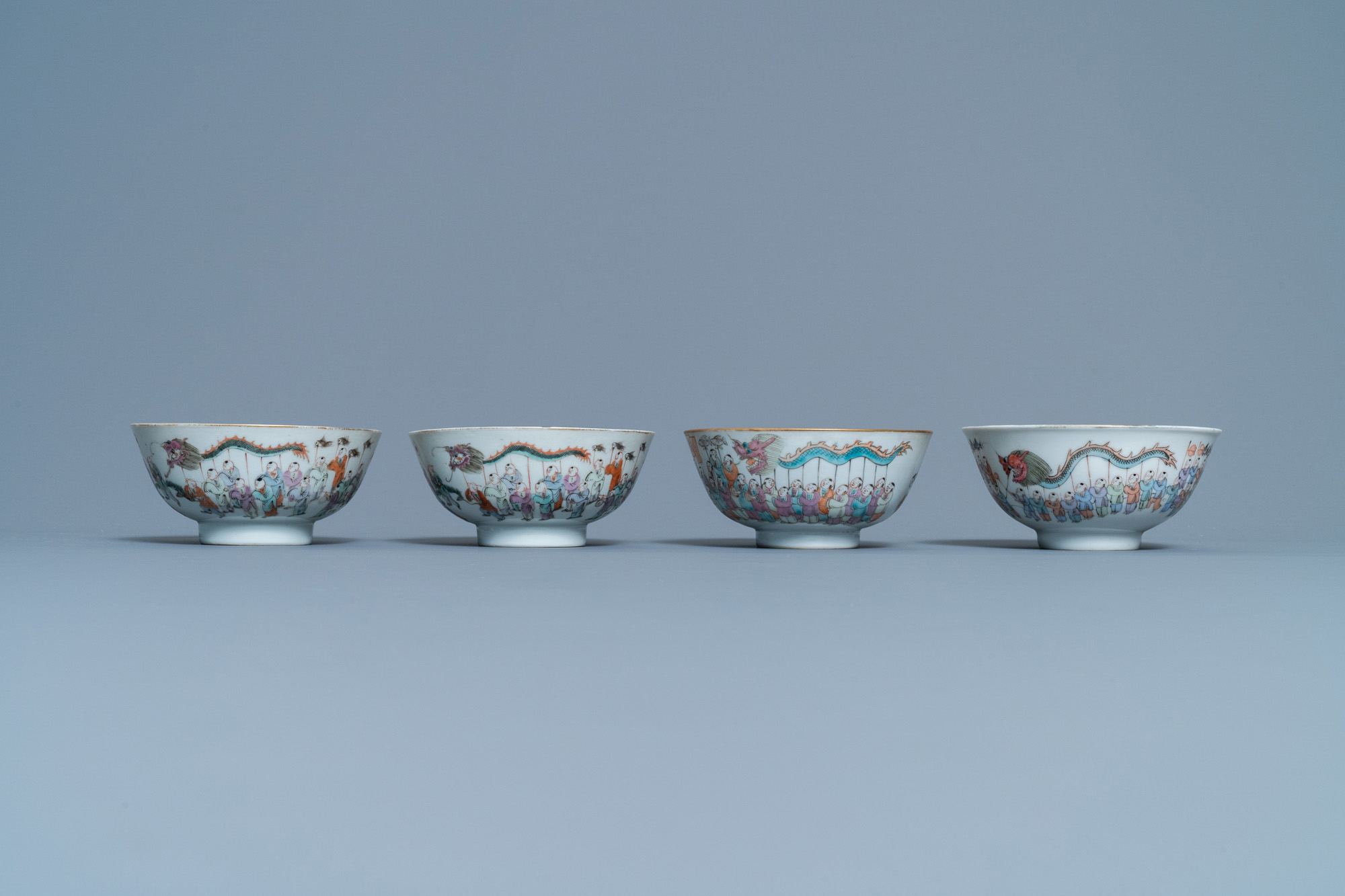 Four Chinese famille rose 'spring festival' bowls, 19th C. - Image 2 of 7