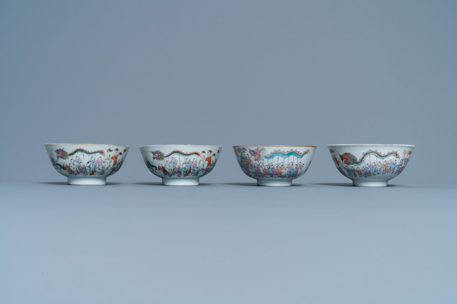 Four Chinese famille rose 'spring festival' bowls, 19th C. - Image 2 of 7