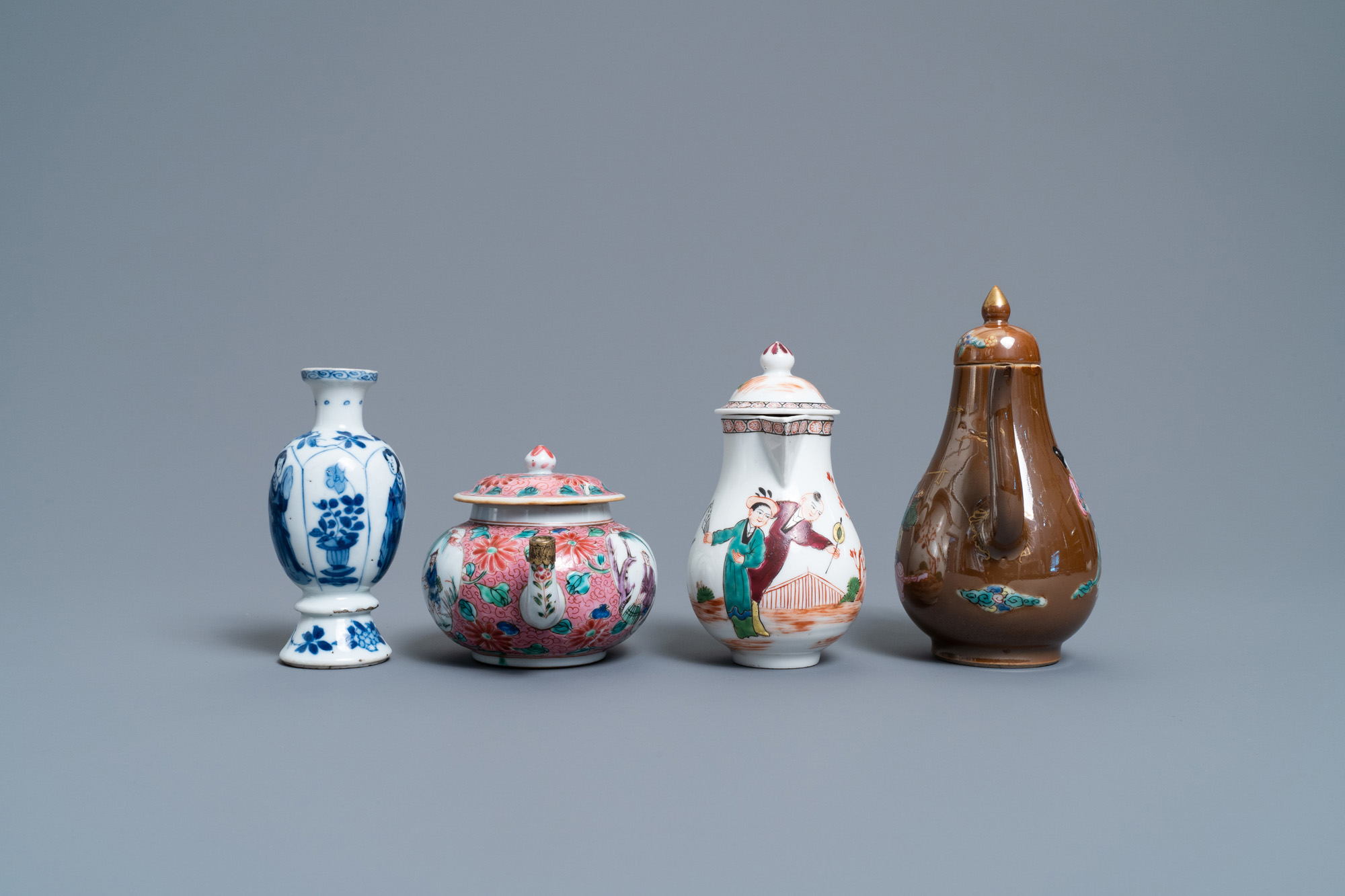 Two Chinese famille rose jugs, a teapot and a blue and white vase, Kangxi and later - Image 4 of 7