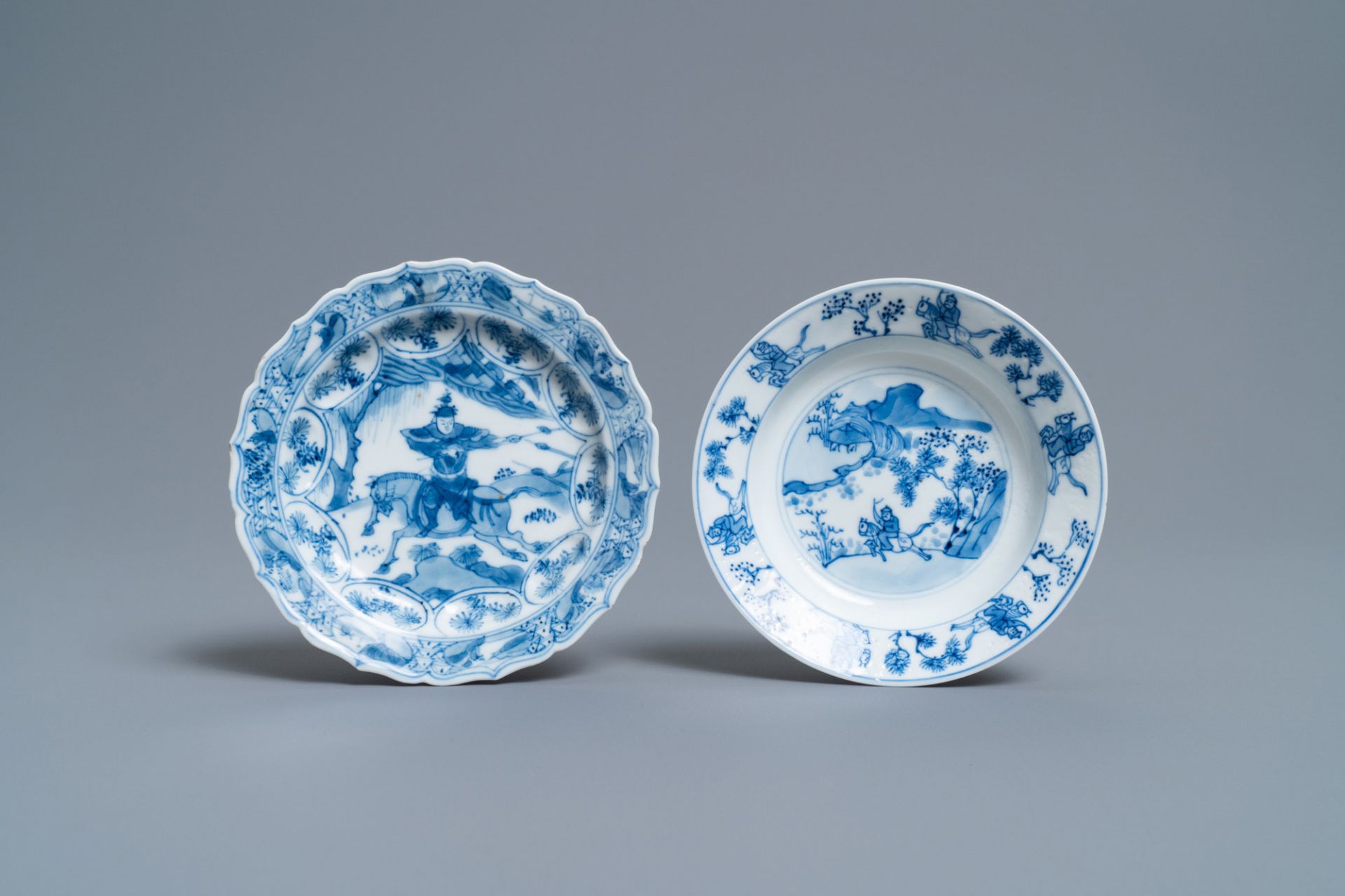 Three Chinese blue and white cups and two saucers, Kangxi - Image 2 of 9