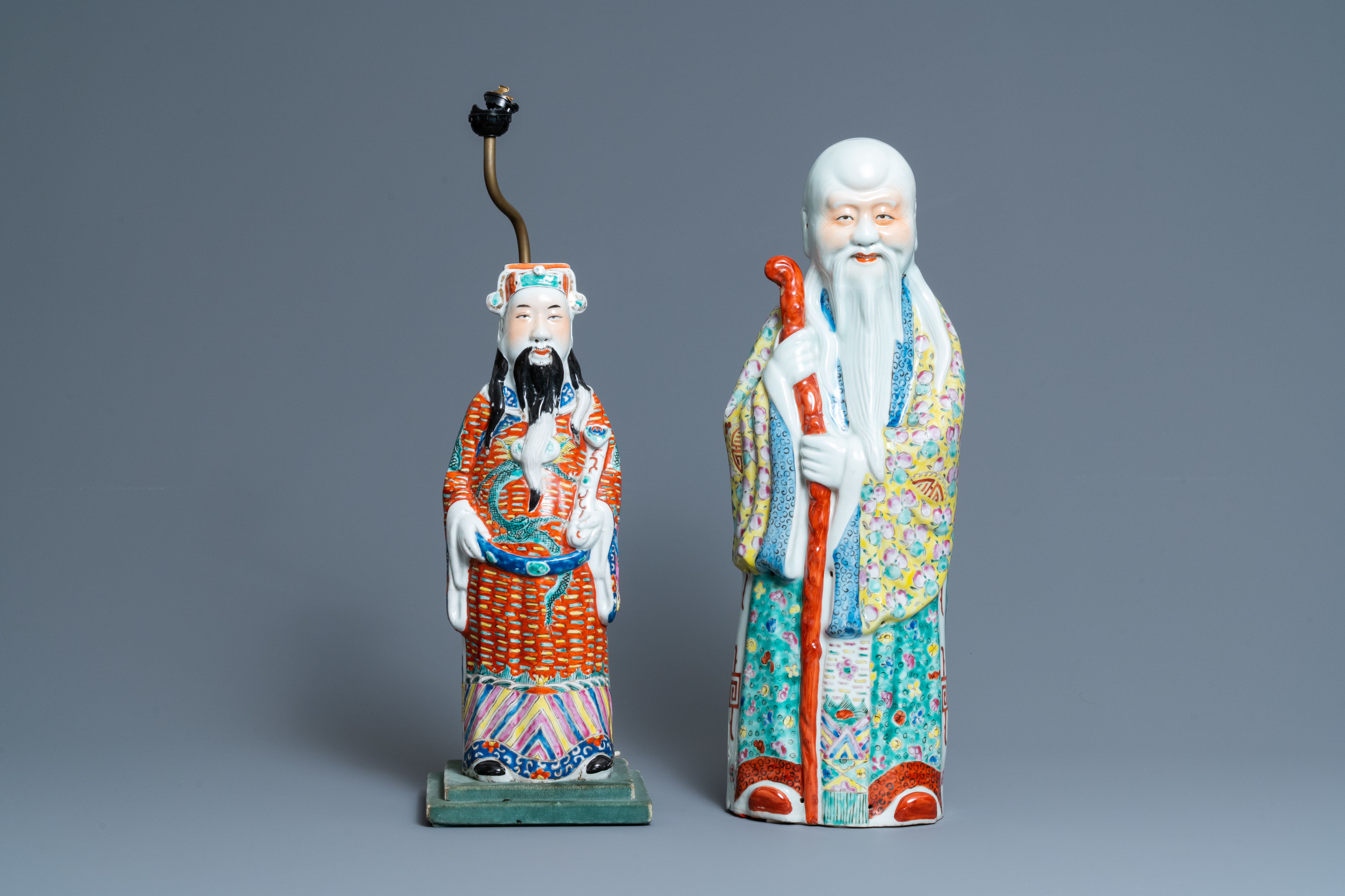 Two Chinese famille rose 'Star God' figures, seal marks, 19/20th C.