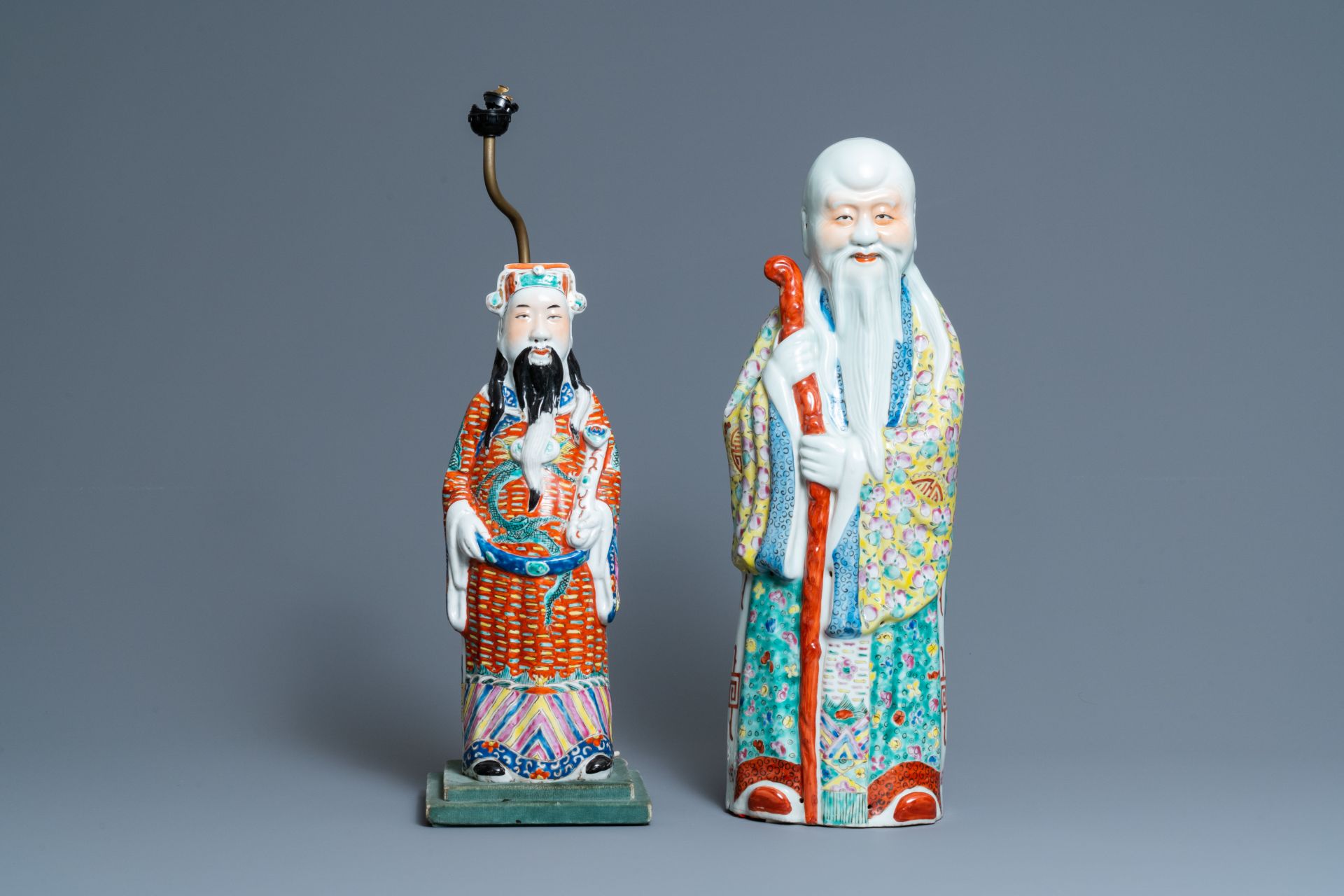 Two Chinese famille rose 'Star God' figures, seal marks, 19/20th C.