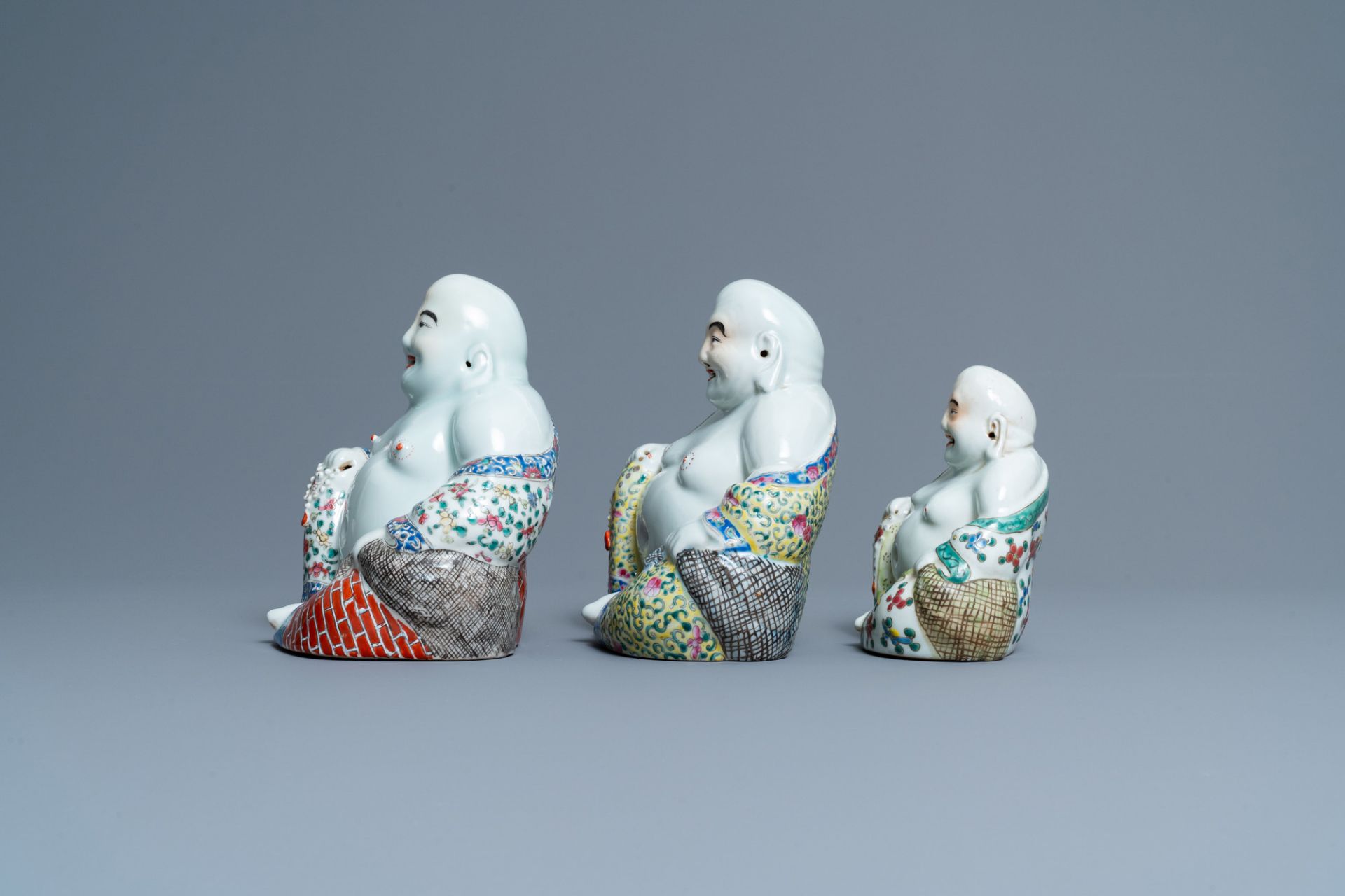 Five Chinese famille rose and white figures of Buddha, seal marks, 19/20th C. - Image 12 of 14