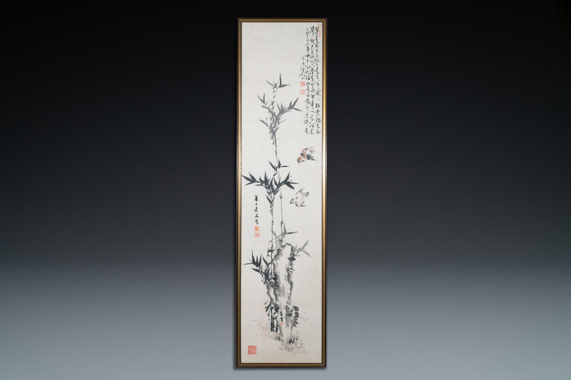 Mi Shan, ink and color on paper: 'Birds near bamboo branches', dated April 1916 - Image 2 of 10