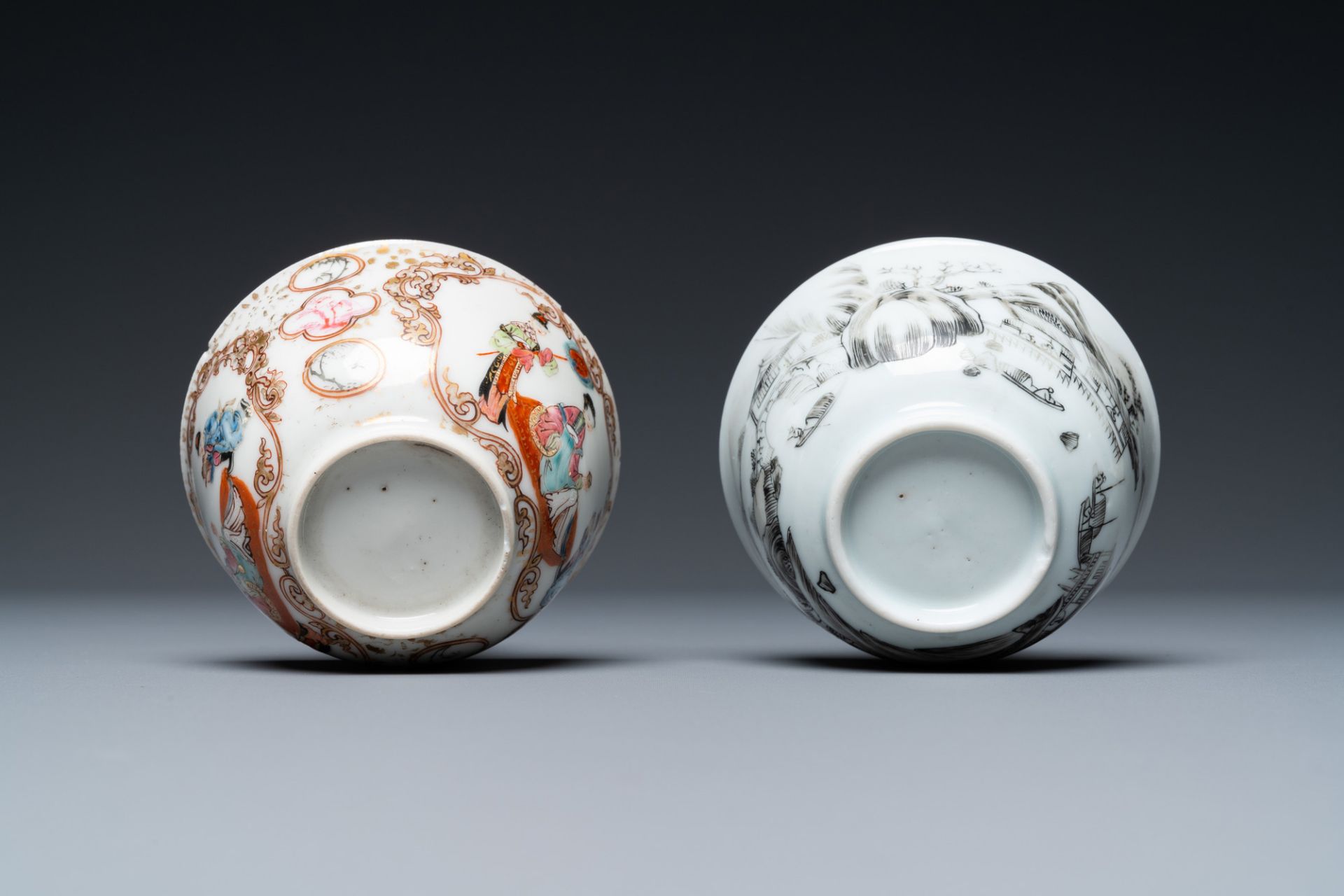 Two Chinese famille rose and grisaille cups and saucers, Yongzheng/Qianlong - Image 8 of 9