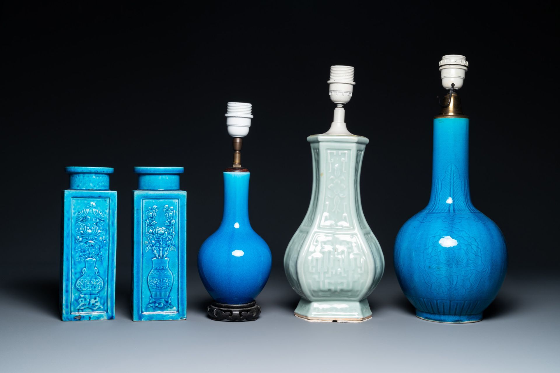 Four Chinese monochrome turquoise vases and a celadon vase, 19/20th C. - Image 4 of 9