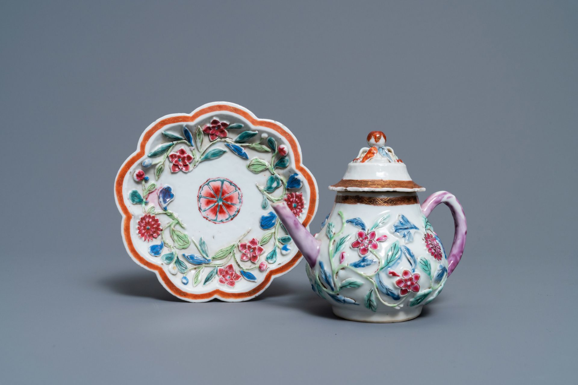 A Chinese famille rose relief-decorated teapot on stand, Yongzheng - Image 2 of 10