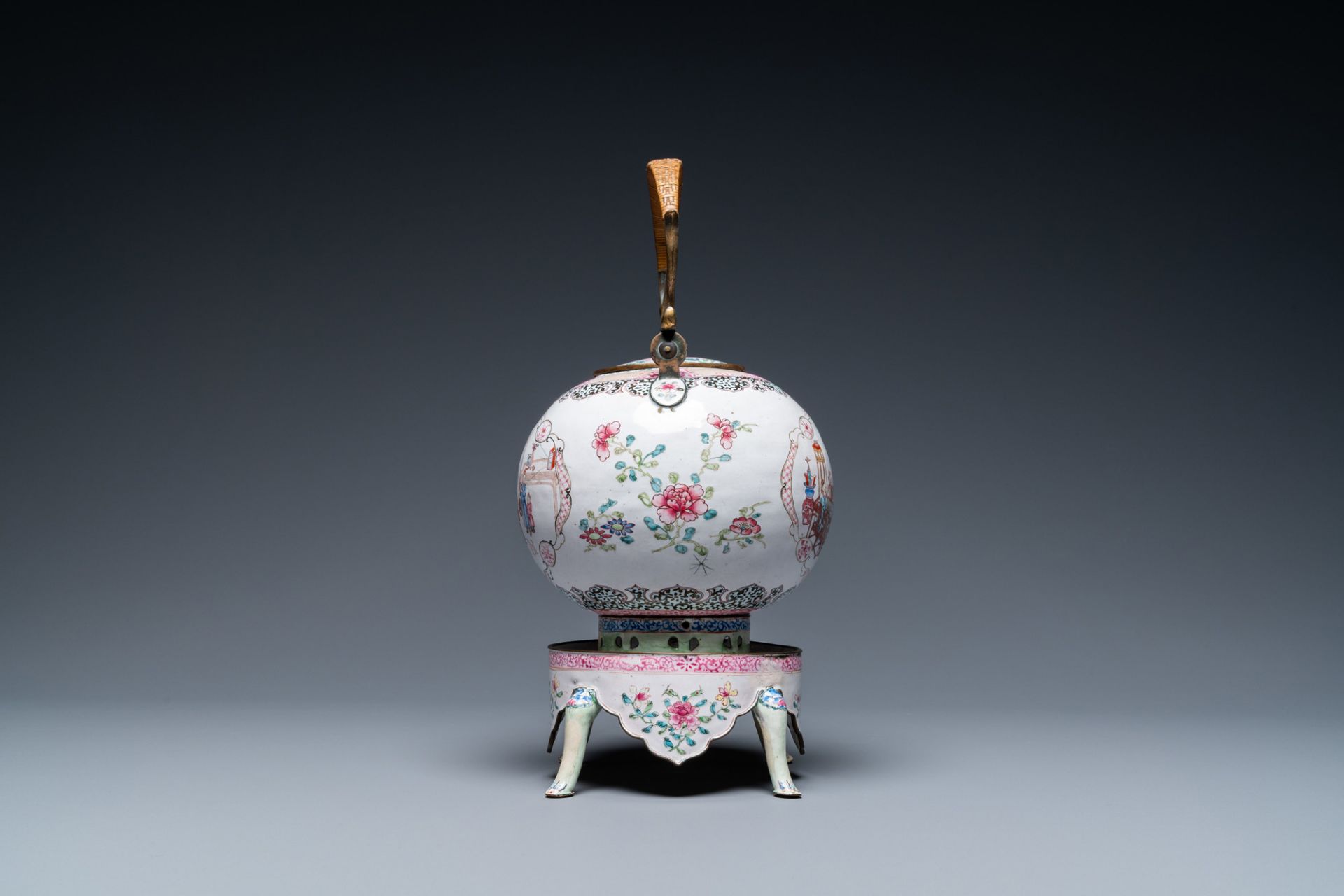 A Chinese Canton enamel teapot on warming stand, Qianlong - Image 5 of 7