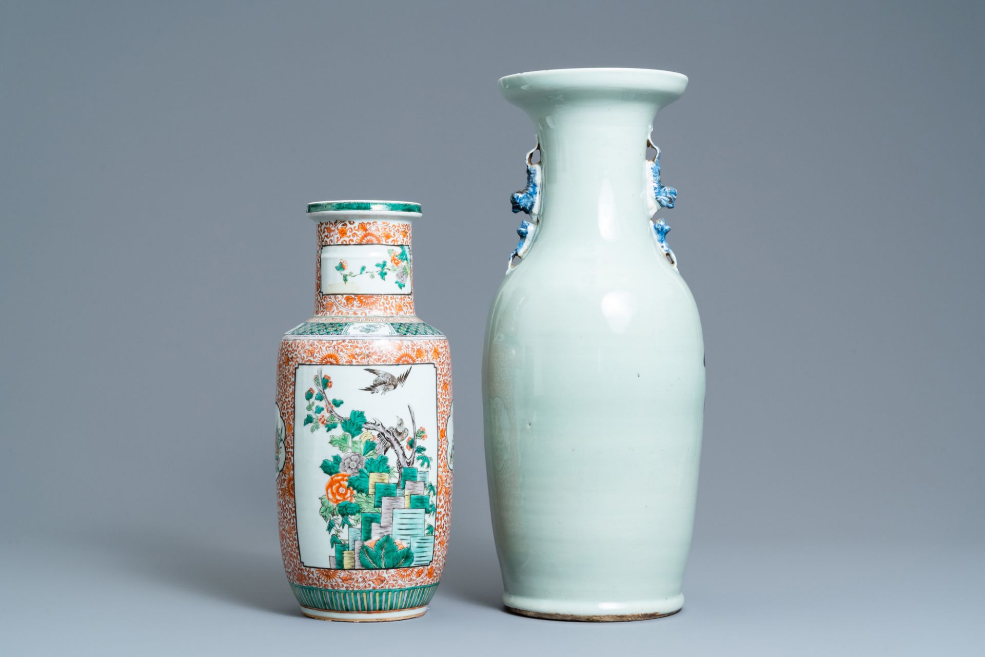 A Chinese blue and white celadon-ground vase and a famille verte rouleau vase, 19th C. - Image 3 of 6