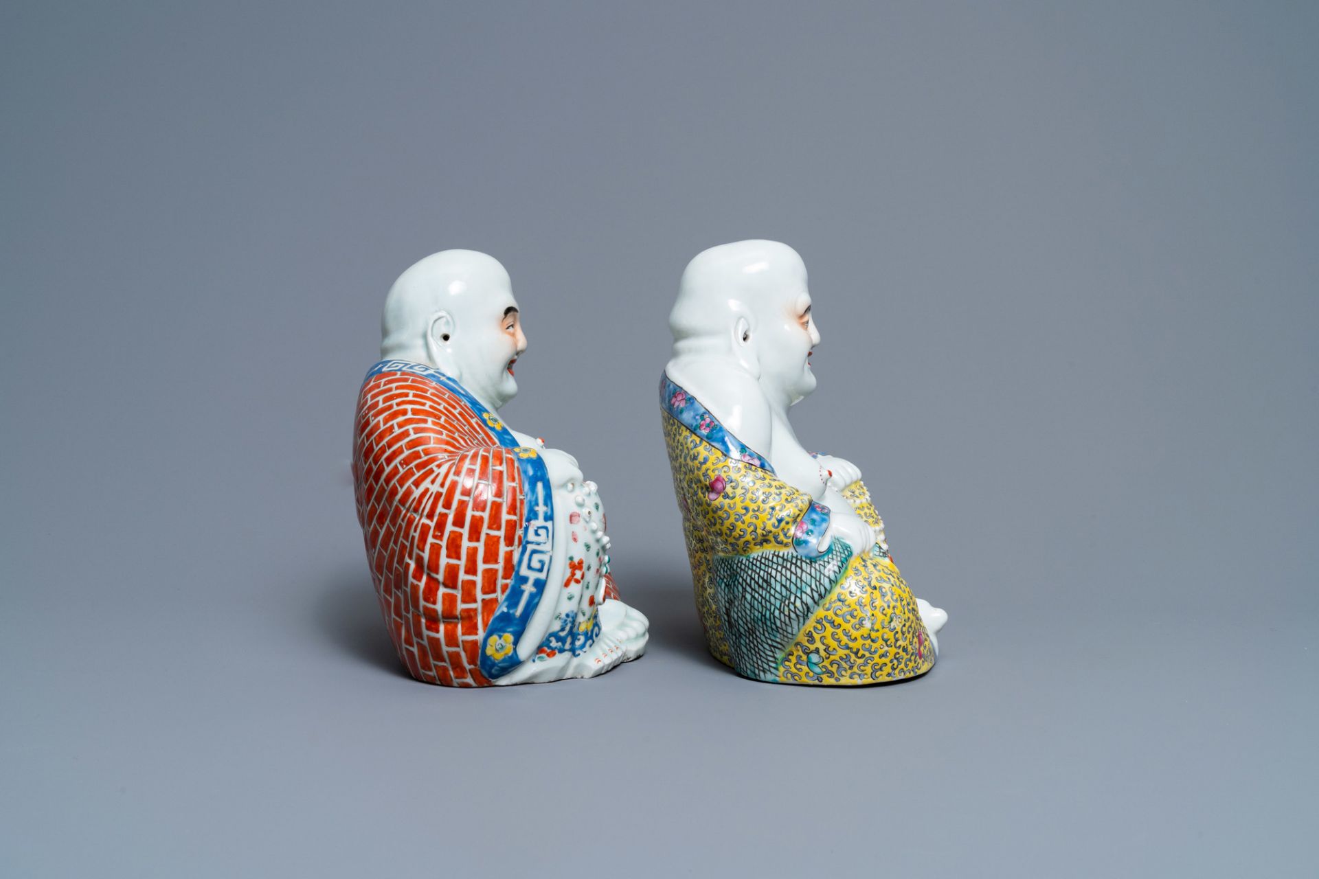 Two Chinese famille rose figures of Buddha, seal mark and workshop mark, 19th C. - Image 4 of 6