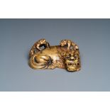 A Chinese gilt bronze 'lion with cubs' scroll Weight, Qing