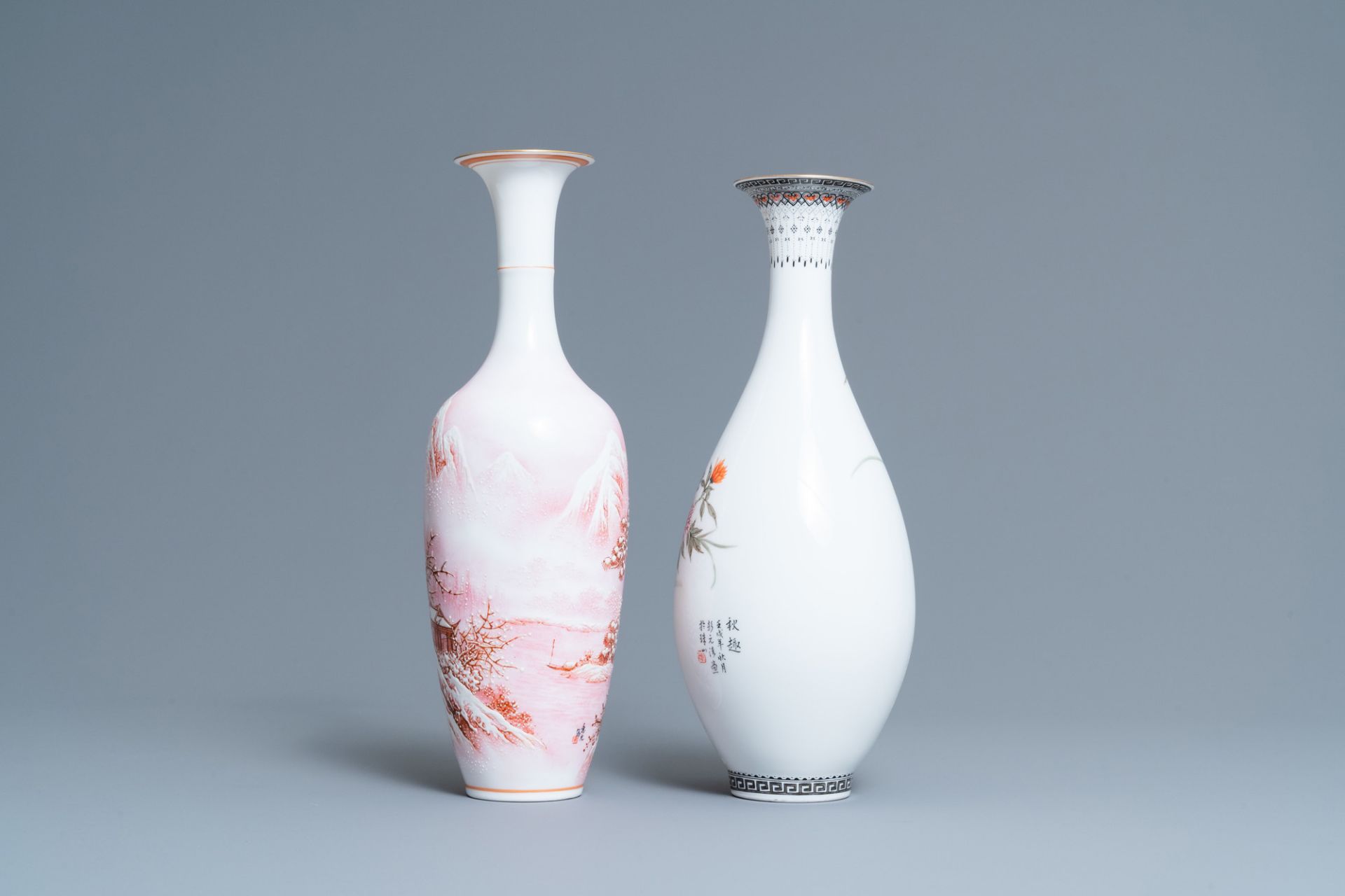 Two Chinese eggshell porcelain vases, seal marks, 20th C. - Image 3 of 6