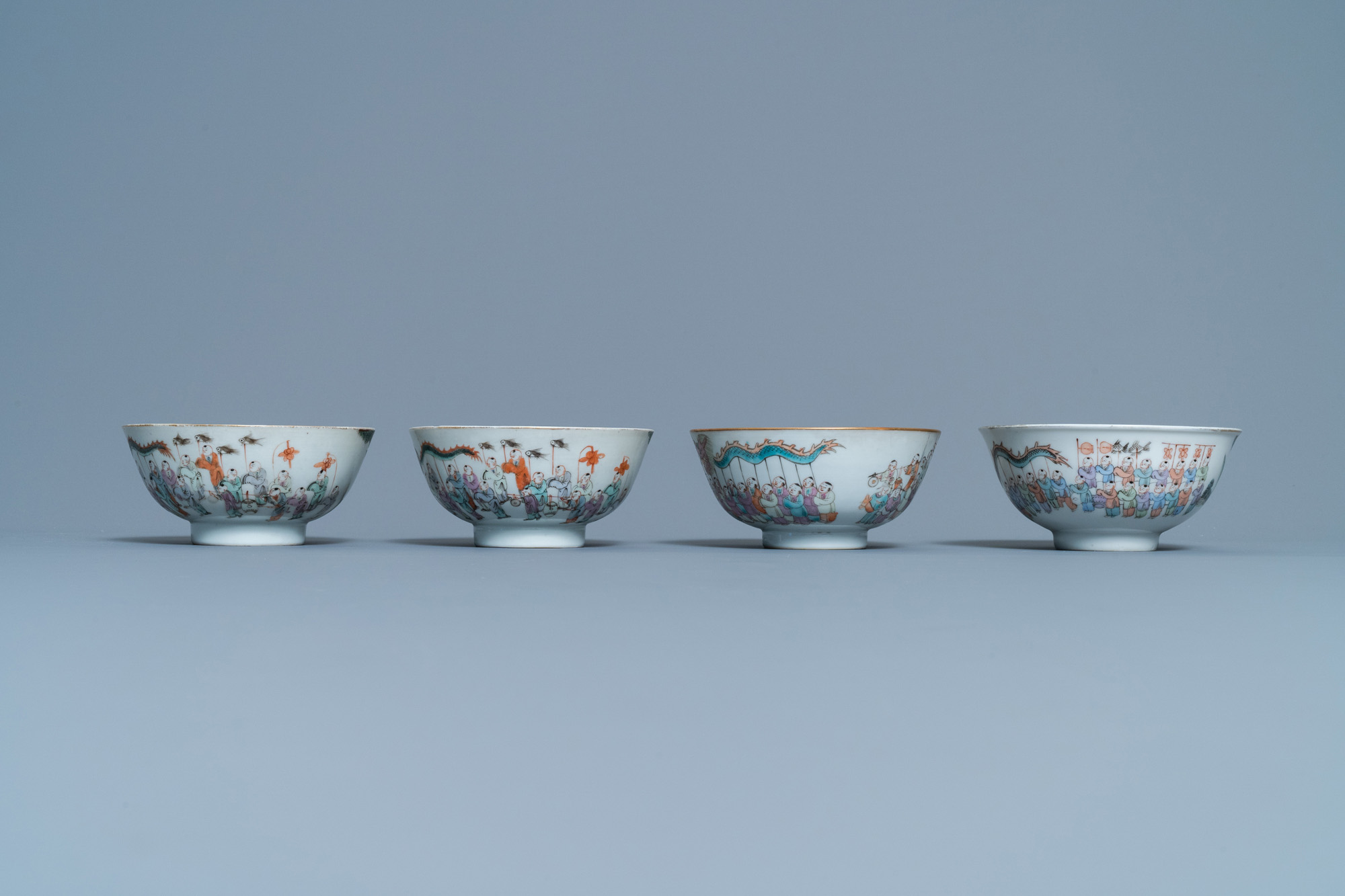 Four Chinese famille rose 'spring festival' bowls, 19th C. - Image 5 of 7