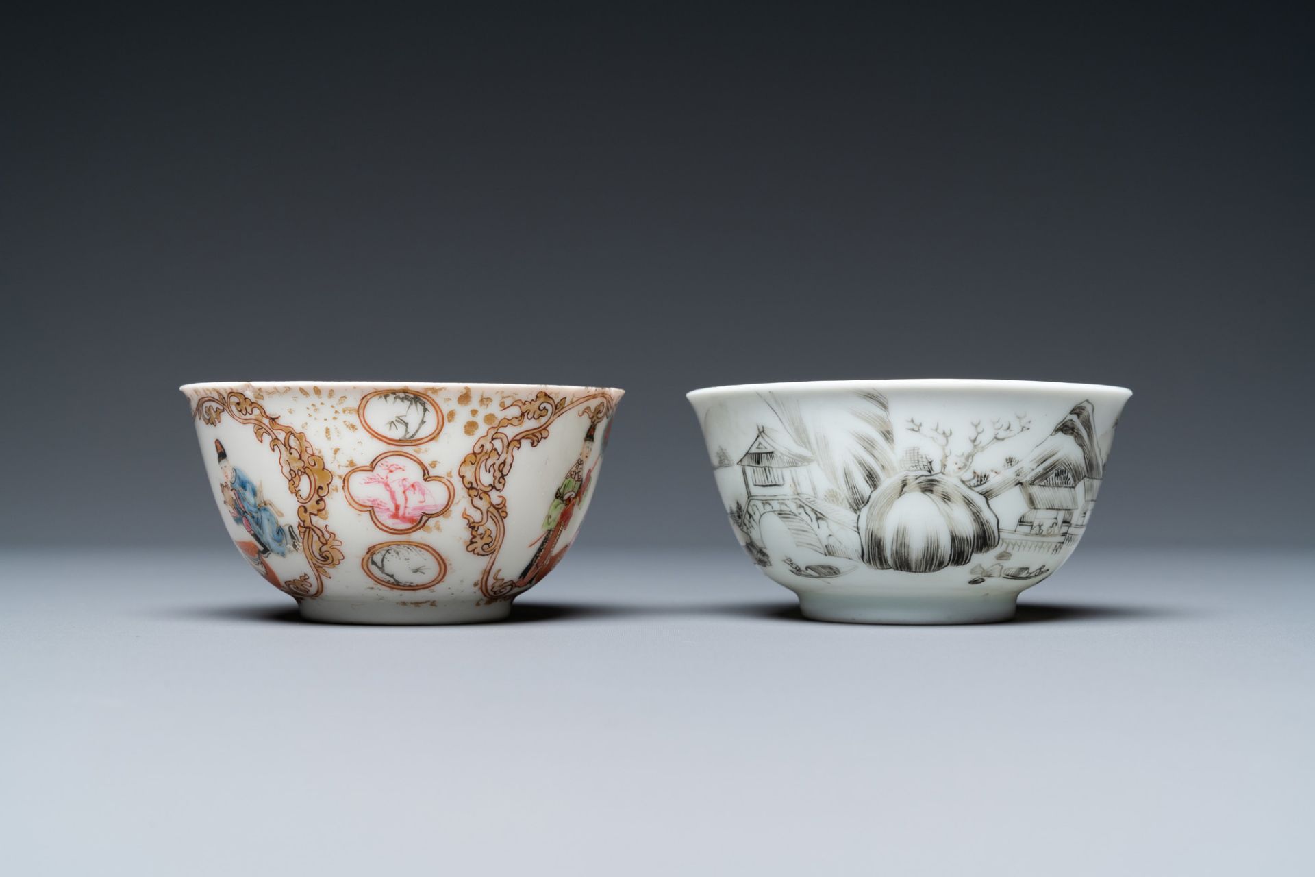 Two Chinese famille rose and grisaille cups and saucers, Yongzheng/Qianlong - Image 7 of 9