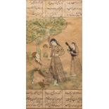 A Persian miniature on paper: 'Kneeling man in front of a beauty and her servant', probably India, 1