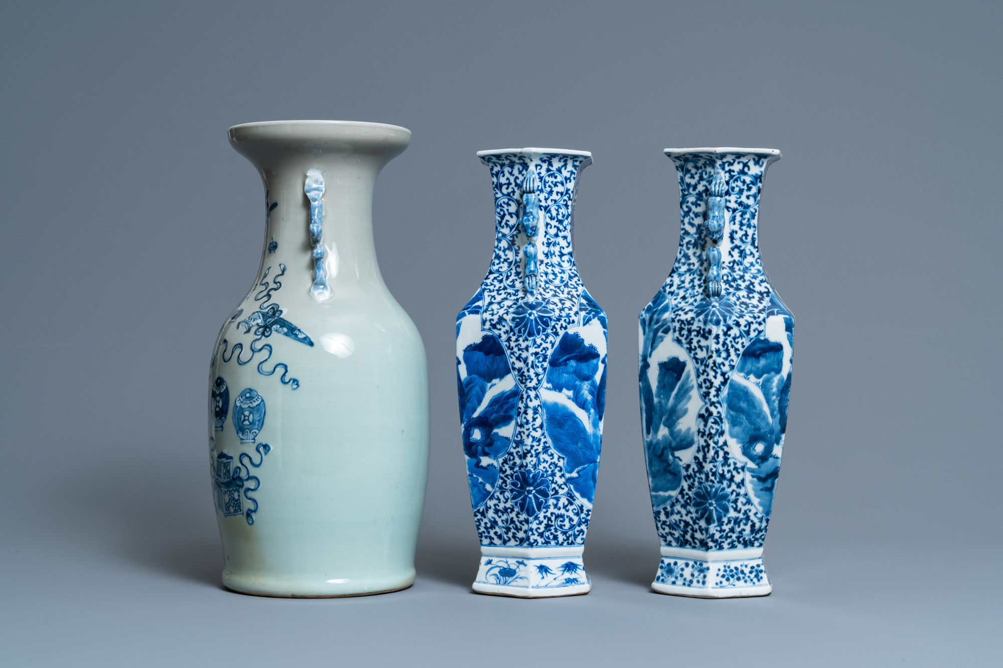 A pair of Chinese blue and white vases and a celadon-ground vase, 19th C. - Image 4 of 6