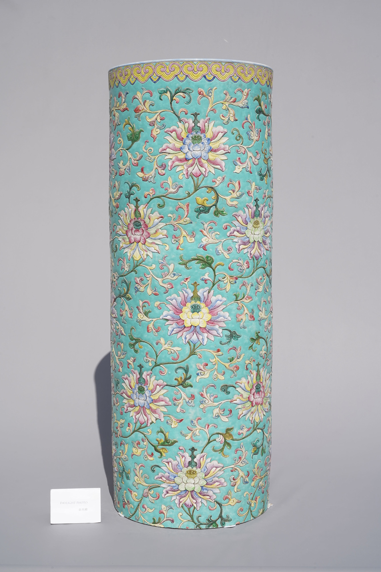 A large Chinese famille rose cylindrical vase with applied lotus scrolls, Jiaqing/Daoguang - Image 12 of 49