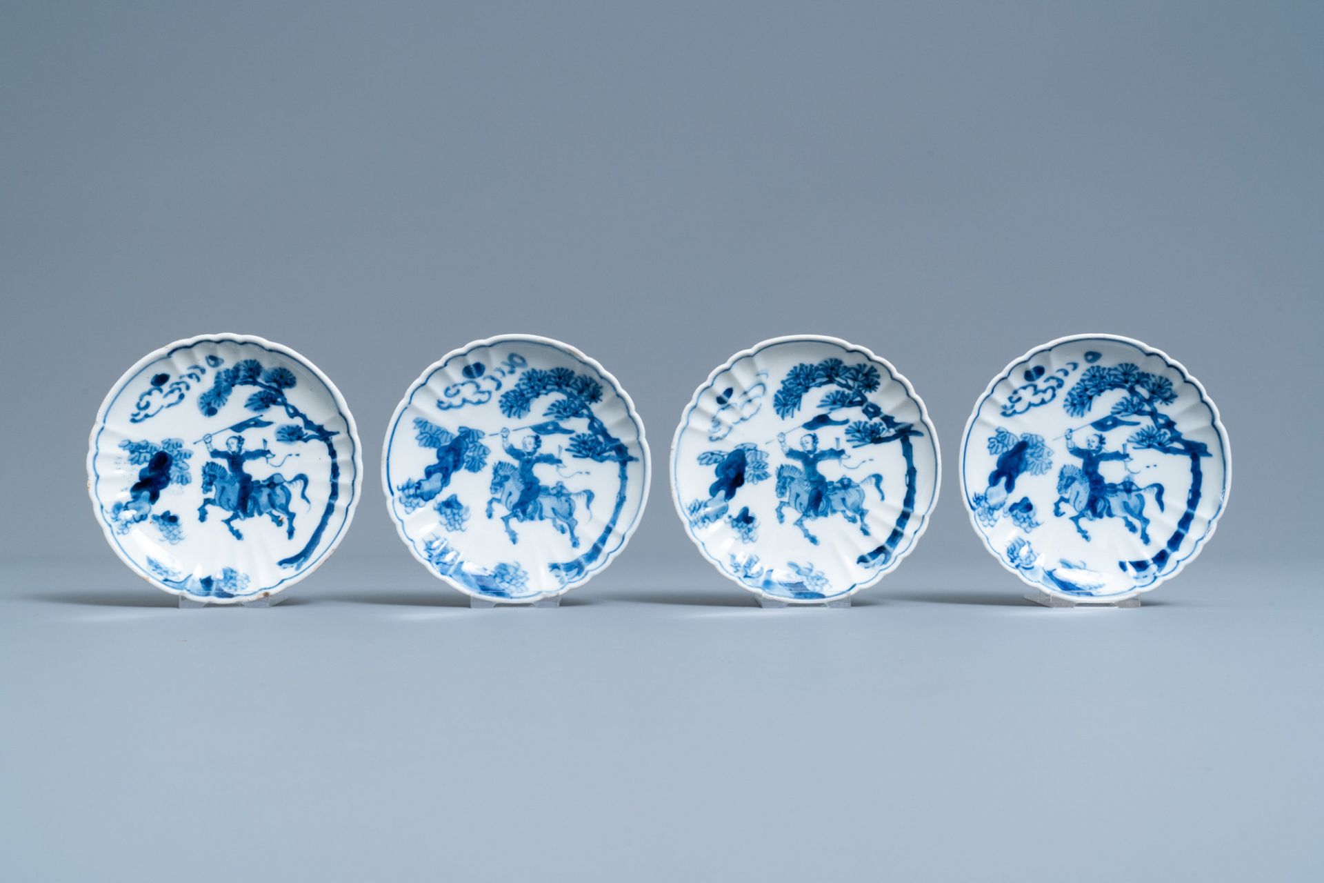 A pair of Chinese blue and white three-tier stacking boxes, a seal paste box and four saucers, 19th - Image 8 of 28