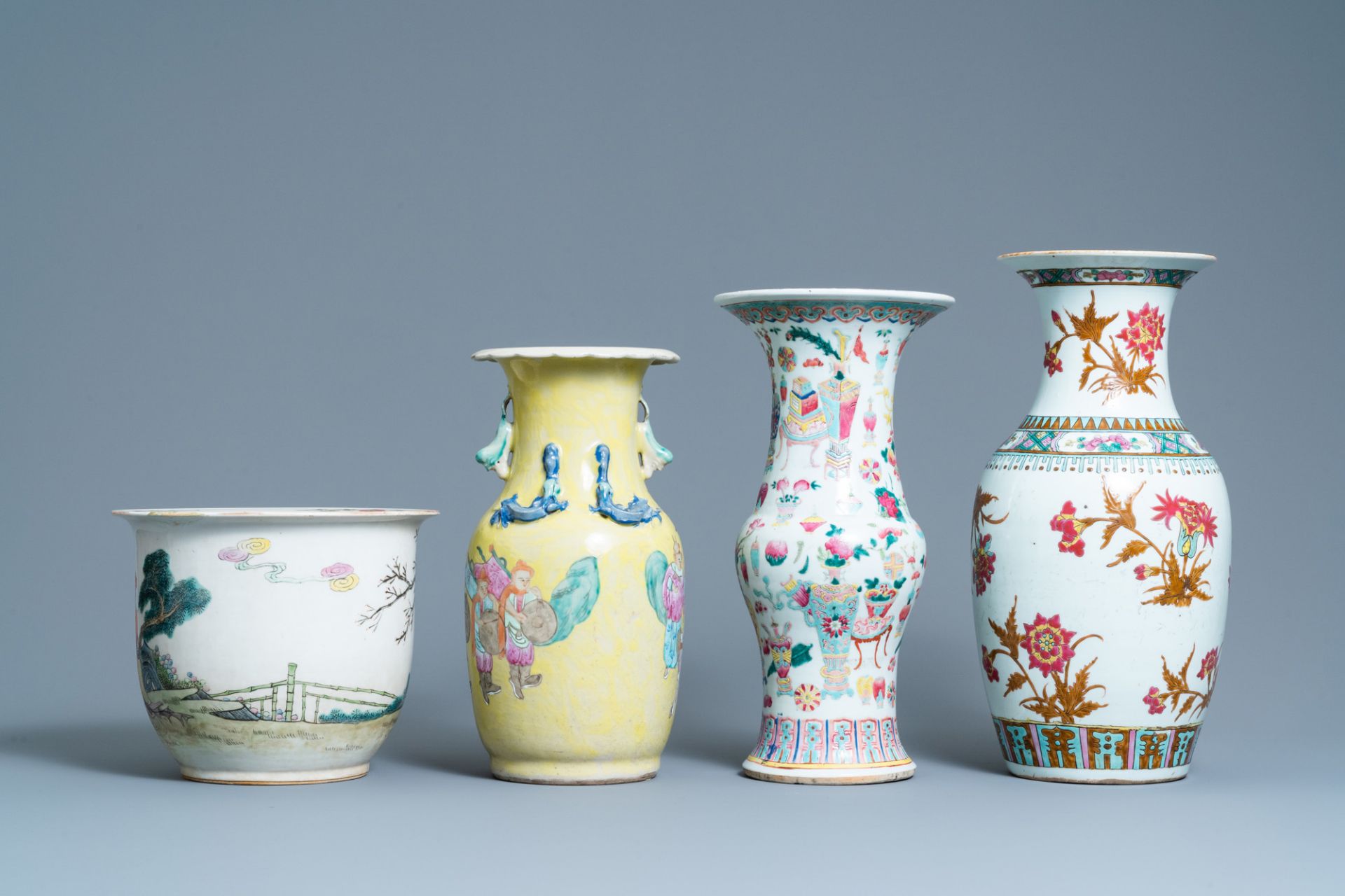 Three Chinese famille rose vases and a jardiniere, 19th C. - Image 4 of 7