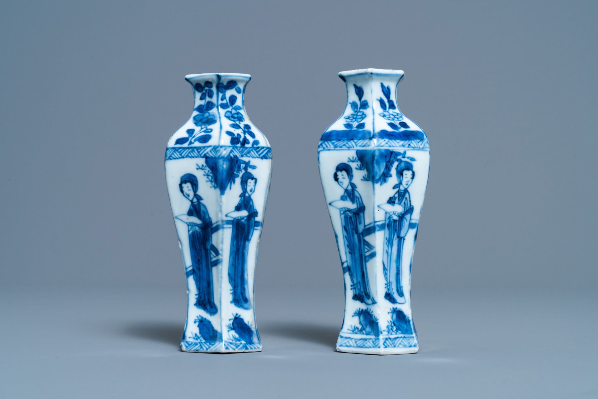 A pair of Chinese blue and white vases, a 'lotus' dish and four cups, Kangxi - Image 6 of 15