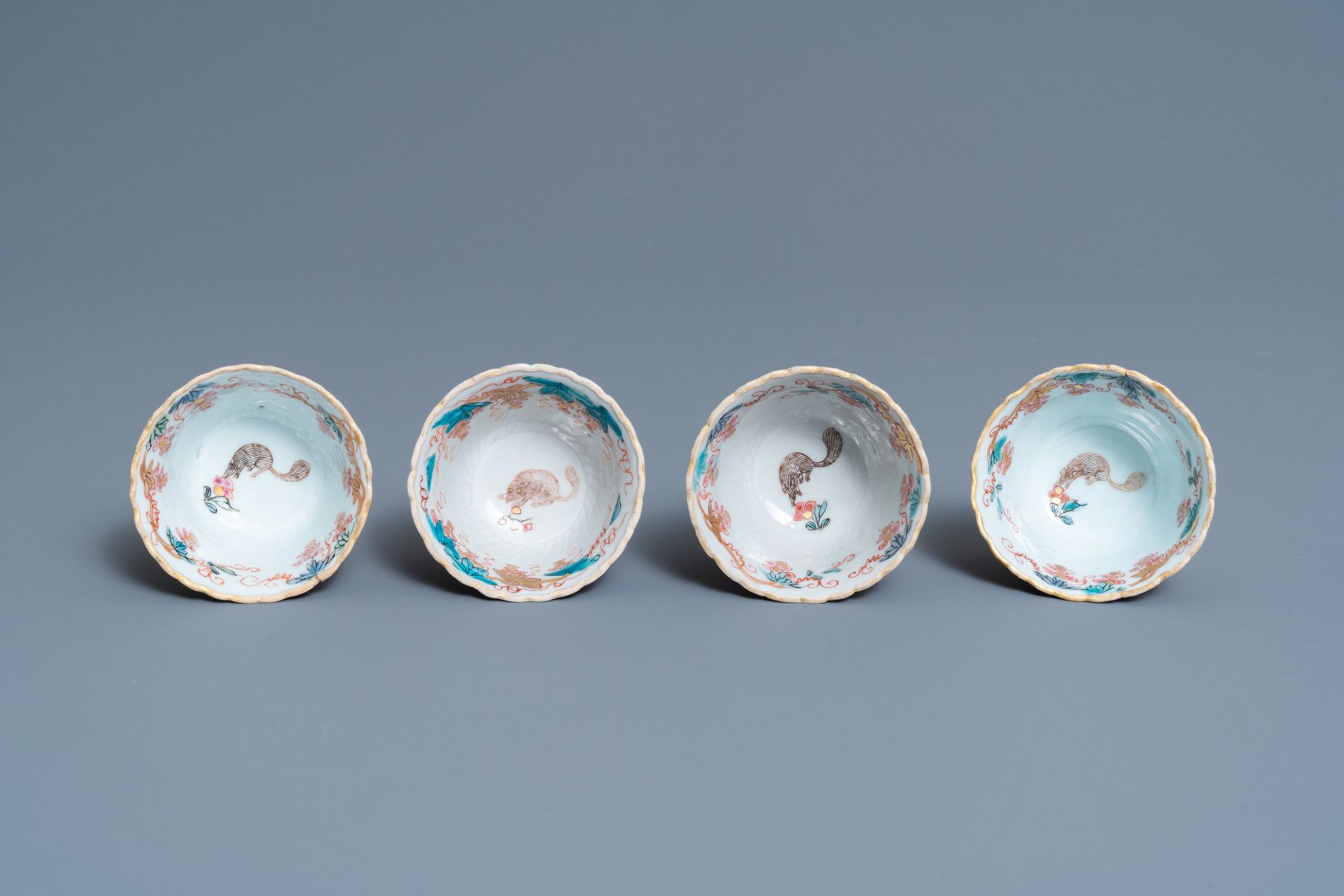Four Chinese lotus-moulded famille rose cups and saucers with squirrels, Yongzheng - Image 8 of 9