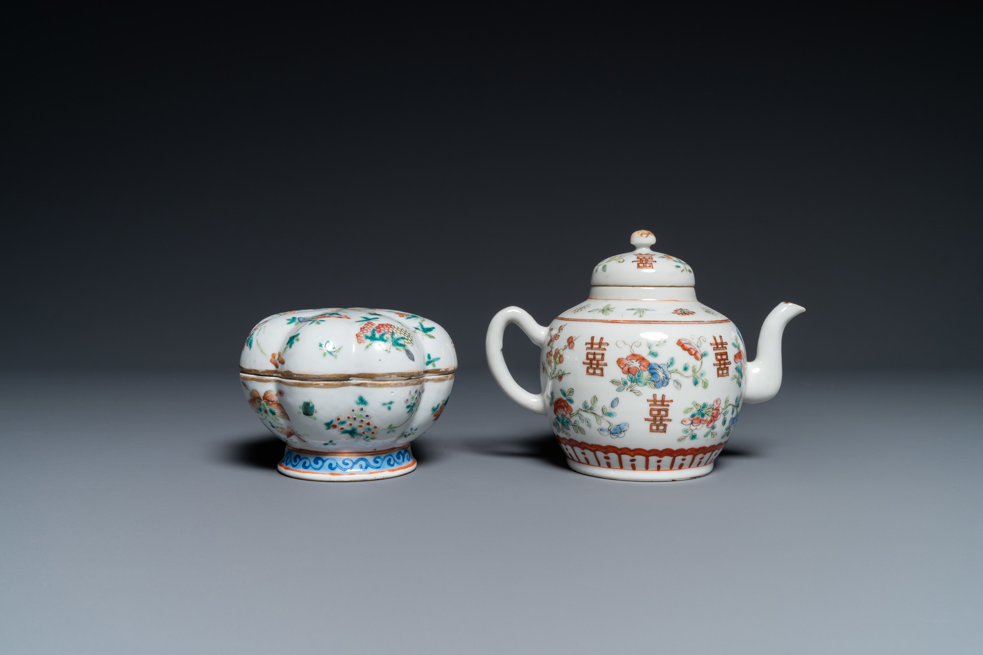Seven Chinese famille rose saucers, a teapot and a covered box, 19th C. - Image 6 of 11