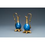 Two Chinese monochrome blue vases mounted as ewers with gilt bronze, Kangxi and 19th C.