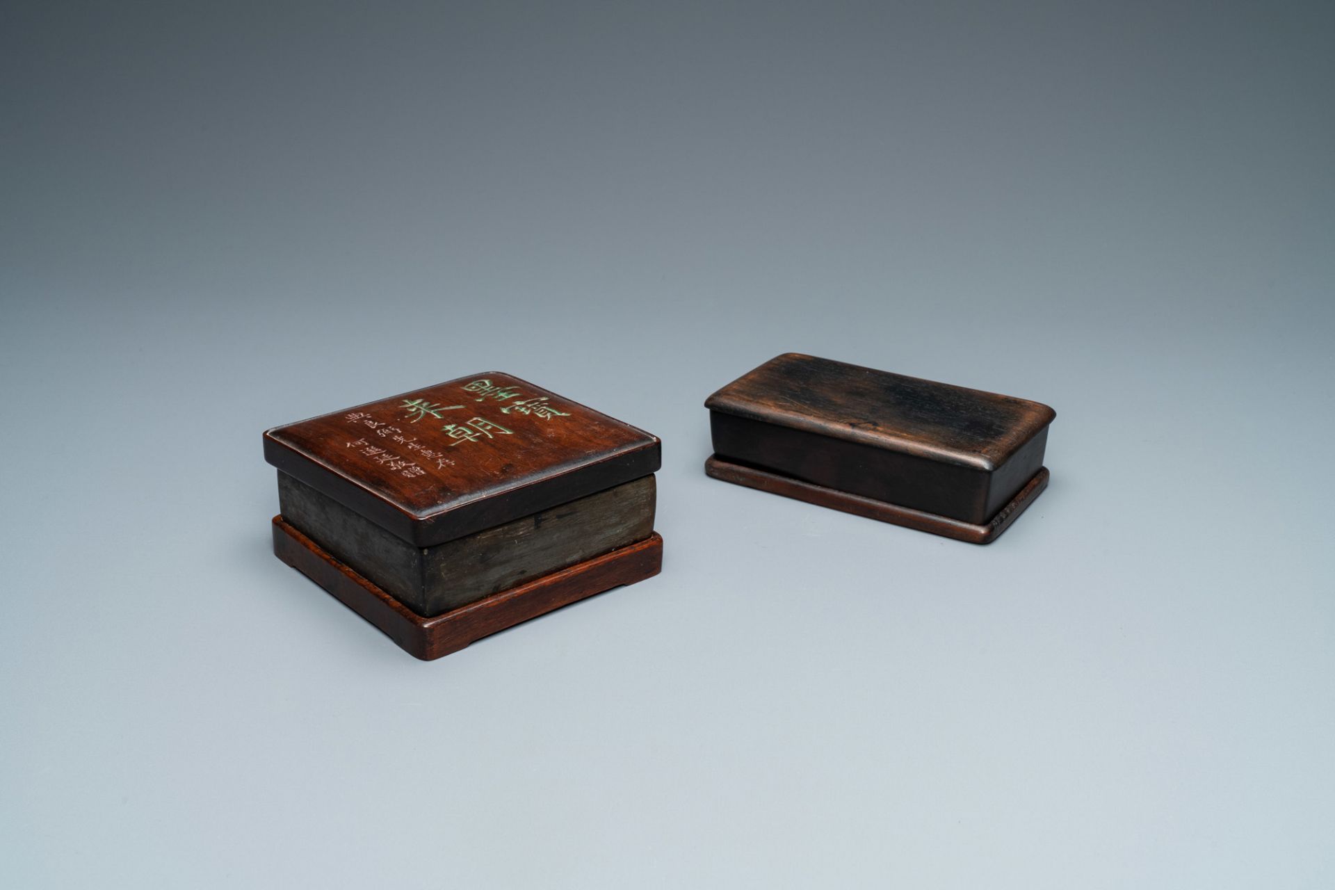 Two Chinese 'duan' ink stones in wooden cases, 19/20th C. - Image 2 of 8
