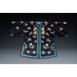 A Chinese 'forbidden stitch' embroidered silk ladies robe with flowers and butterflies, 19th C.