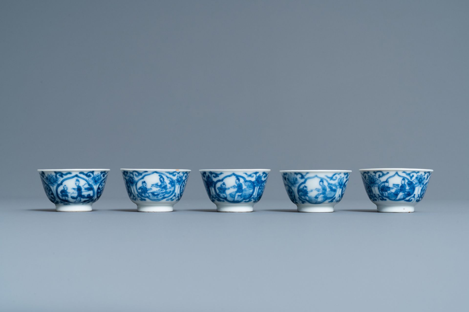 Five Chinese blue and white cups and saucers, Kangxi - Image 4 of 9