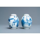 Two Chinese blue and white tea caddies and covers, Kangxi