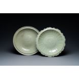 Two Chinese Longquan celadon dishes with underglaze design, Ming