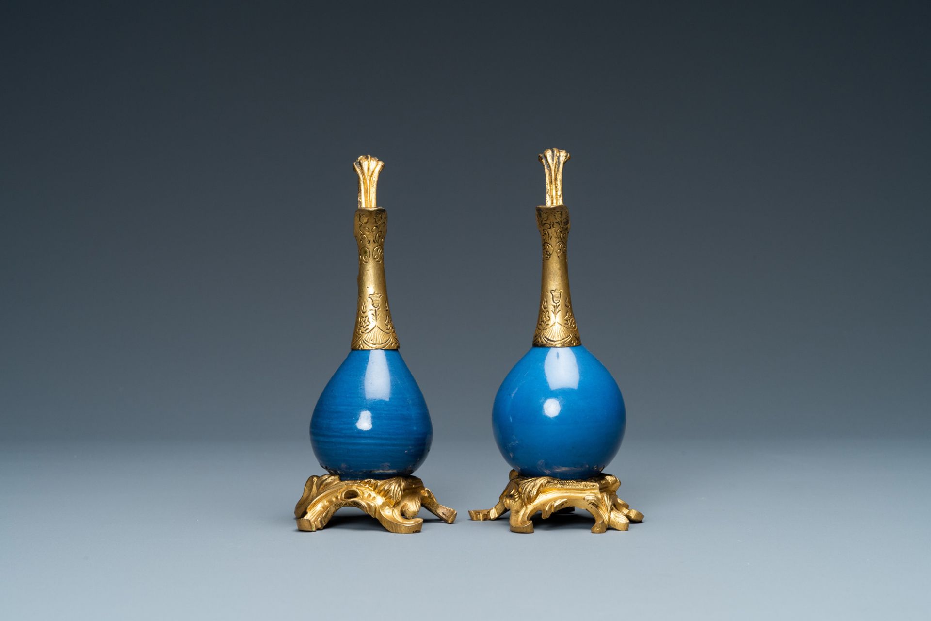 Two Chinese monochrome blue vases mounted as ewers with gilt bronze, Kangxi and 19th C. - Image 6 of 8